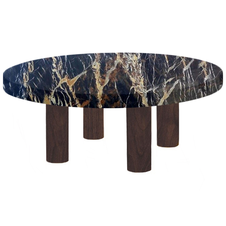 Round Michelangelo Black and Gold Coffee Table with Circular Walnut Legs