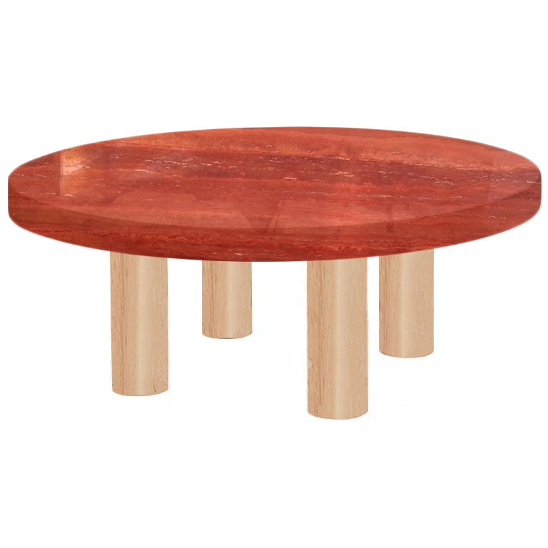 Round Persian Red Travertine Coffee Table with Circular Ash Legs