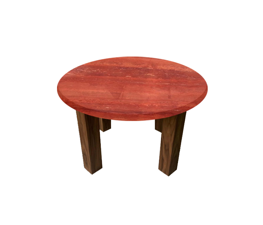 Persian Red Travertine Round Coffee Table with Square Walnut Legs