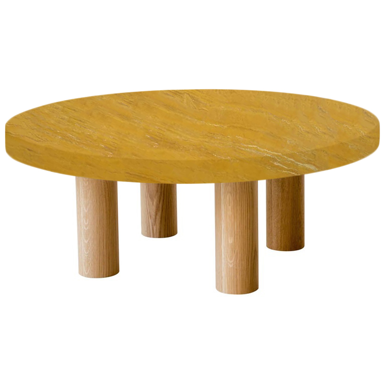 Round Yellow Travertine Coffee Table with Circular Oak Legs